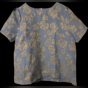 Umgee Floral Patterned Blue and Gold Top Size L